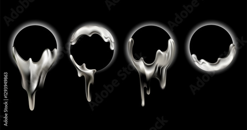 Chrome metallic liquid drips forming circular frames set with a glossy effect. Liquid metallic drips frames futuristic designs, frame, emblem, web, digital, creative backgrounds.Vector illustration