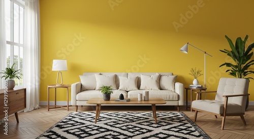 A stylish living room features a beige sofa, wooden coffee table, armchair, and side tables. Yellow walls and a black white rug complete the midcentury modern aesthetic.