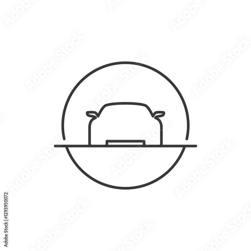 A minimalistic line drawing of a car viewed from the front, enclosed within a circle, with a horizontal line intersecting the circle. Ideal for digital interfaces, promoting intuitive navigation.