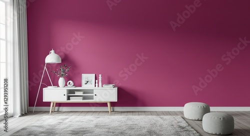 A modern living room features a vibrant pink wall, a white media console with dcor, a fluffy rug, and two lightgrey poufs. Minimalist and stylish.