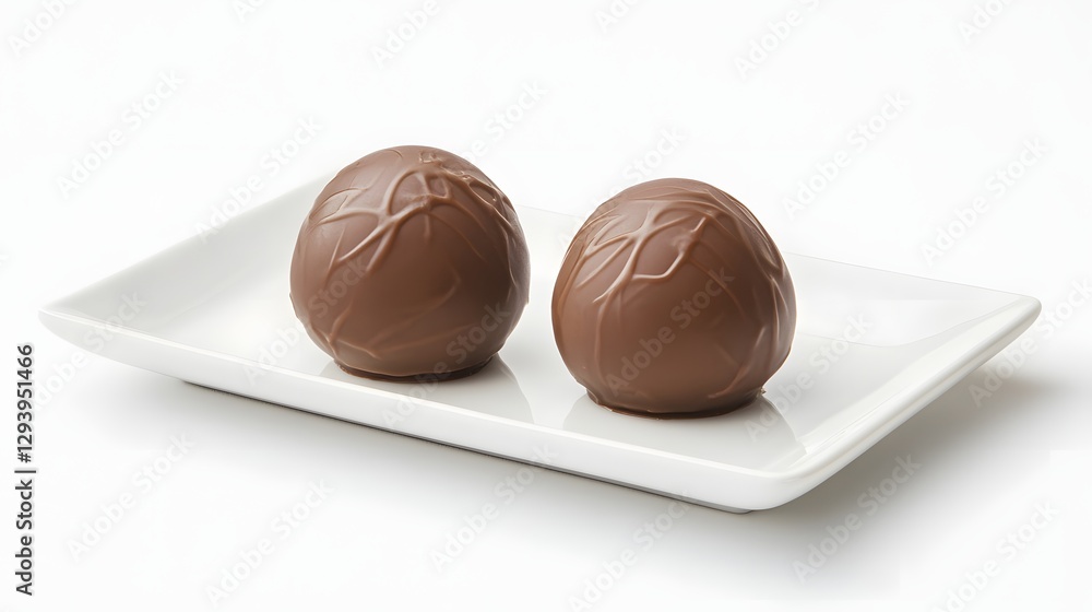 Fototapeta premium Two milk chocolate truffles sit on a white plate