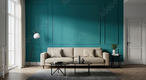 Modern living room with teal paneled wall, beige sofa, black coffee tables, floor lamp, and herringbone wood floors. Minimalist and elegant design.