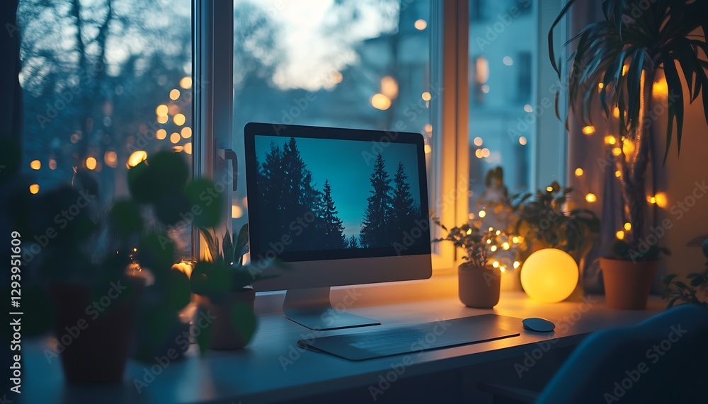 A Comfortable Room Displaying a Computer Desk with Plants A Comfortable Room Displaying a Computer Desk with Plants