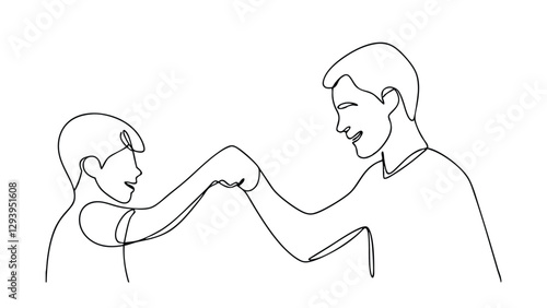A singleline drawing depicts a father and son joyfully bumping fists, symbolizing their strong bond, mutual respect, and shared happiness. The simple yet expressive artwork conveys a feeling of warmth