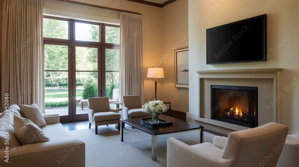Fototapeta premium A living room with a fireplace and a television. The room is decorated with white furniture and has a cozy atmosphere