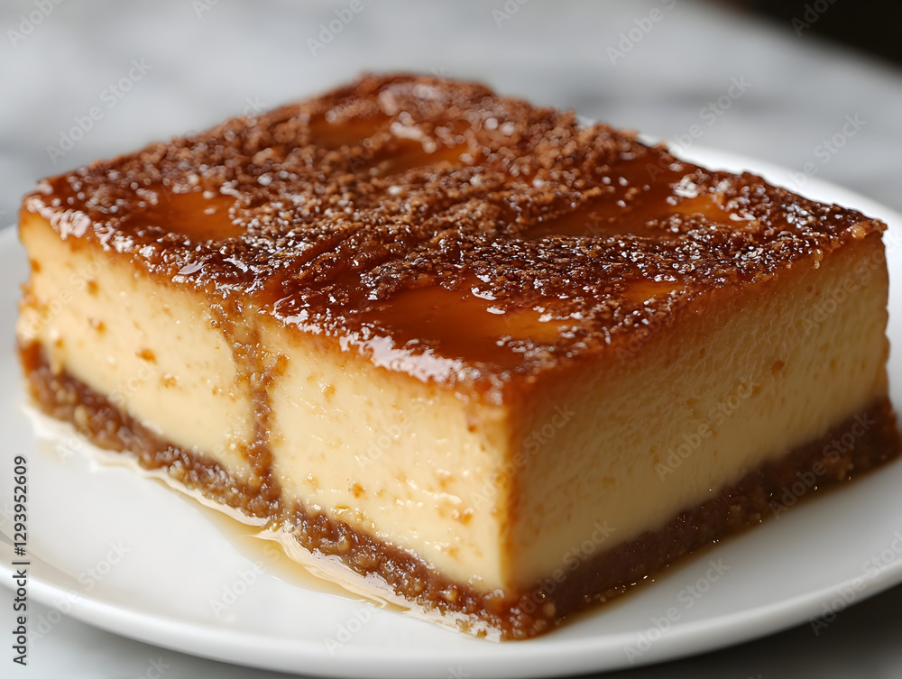 A creamy Argentinian dulce de leche flan topped with caramel sauce. A creamy Argentinian dulce de leche flan topped with caramel sauce.