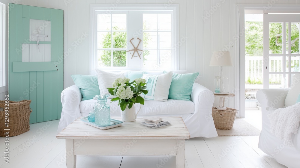 Fototapeta premium A white and blue living room with a white couch and a white coffee table. The couch is covered in pillows and a vase of flowers sits on the coffee table. The room has a clean and modern feel