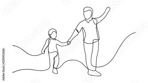 Father and Son Walking Together OneLine Art, Happy Family Stroll