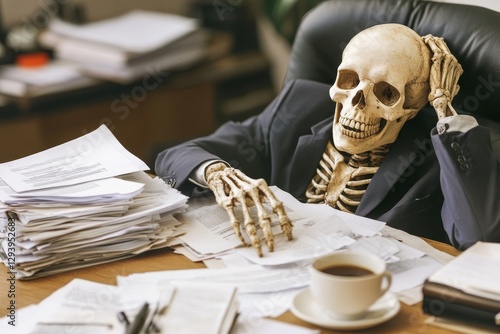 Skeleton exhausted overworked at desk with coffee photo