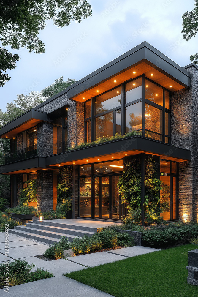 Fototapeta premium Photographie immobilière extérieure d’une maison moderne haut de gamme avec un escalier flottant, un jardin vertical et une grande porte pivotante. Rendu 3D, HDR, idées déco et aménagement tendance.