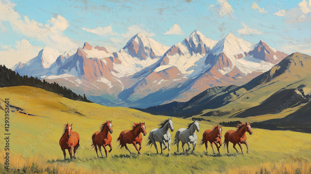 Freedom on the Range: A majestic herd of horses gallops across a verdant field, with snow-capped mountains creating a dramatic backdrop. Freedom on the Range: A majestic herd of horses gallops across a verdant field, with snow-capped mountains creating a dramatic backdrop.