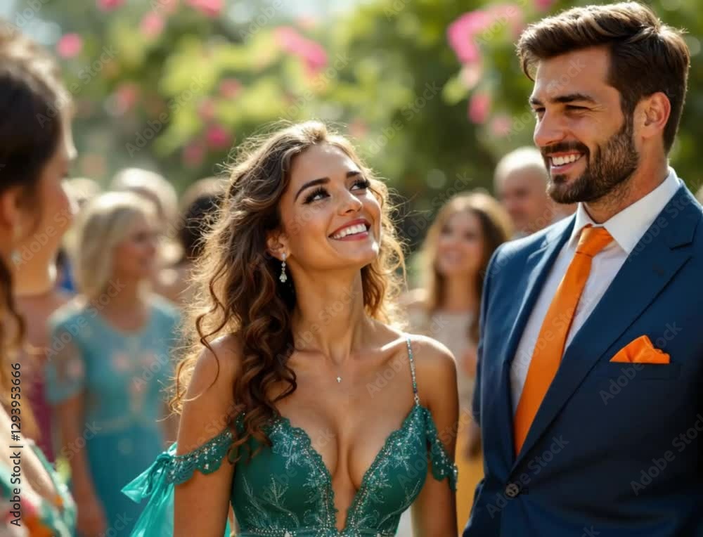 Tender young couple in elegant summer attire communicates and rejoices in life, enjoying a moment of happiness and mutual love. Tender young couple in elegant summer attire communicates and rejoices in life, enjoying a moment of happiness and mutual love.