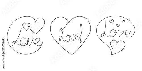 Set of three icons in form of heart and text “love” in artline style on white background. One line drawing on theme of love, feelings and emotions. Love declaration stickers.