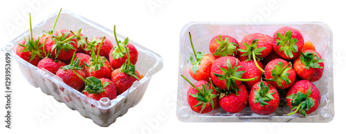 Valokuva Strawberry ripe packed in plastic boxes. PNG file high quality.