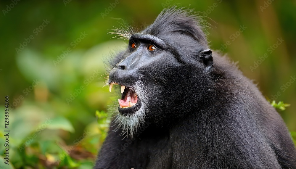Striking Portrait of a Celebes Crested Macaque Baring Teeth, Showcasing Vibrant Forest Backdrop and Capturing the Energy and Intelligence of this Primatological Phenomenon. Striking Portrait of a Celebes Crested Macaque Baring Teeth, Showcasing Vibrant Forest Backdrop and Capturing the Energy and Intelligence of this Primatological Phenomenon.
