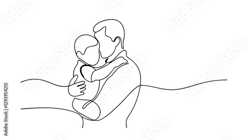 A singleline drawing depicts a father tenderly embracing his young child. The simple lines convey deep affection and the strong bond between parent and child. The image evokes warmth and love.