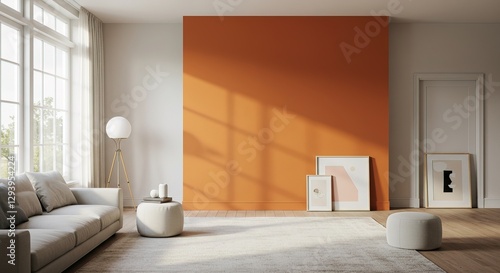 A sunlit living room features a beige sofa, orange accent wall, floor lamp, rug, and abstract art. Minimalist design with neutral tones and warm lighting.