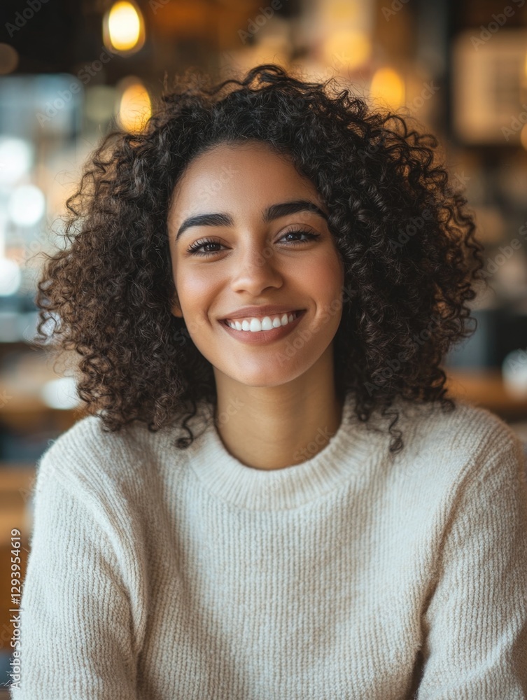Smiling woman in coffee shop setting Smiling woman in coffee shop setting