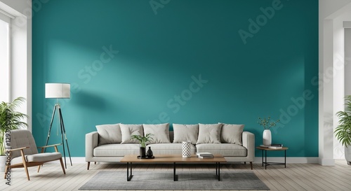 A modern living room features a teal accent wall, beige sofa, coffee table, floor lamp, armchair, plants, and side table. Minimalist and stylish.