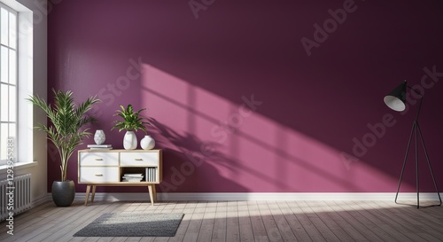 A minimalist room features a deep purple wall, light wood floor, modern sideboard with plants and books, floor lamp, and a grey rug. Sunlight streams in.