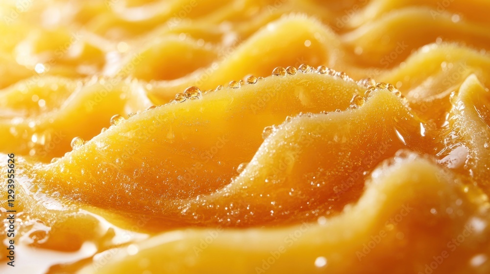 Close-up of golden, viscous, textured substance with bubbles and droplets. Close-up of golden, viscous, textured substance with bubbles and droplets.