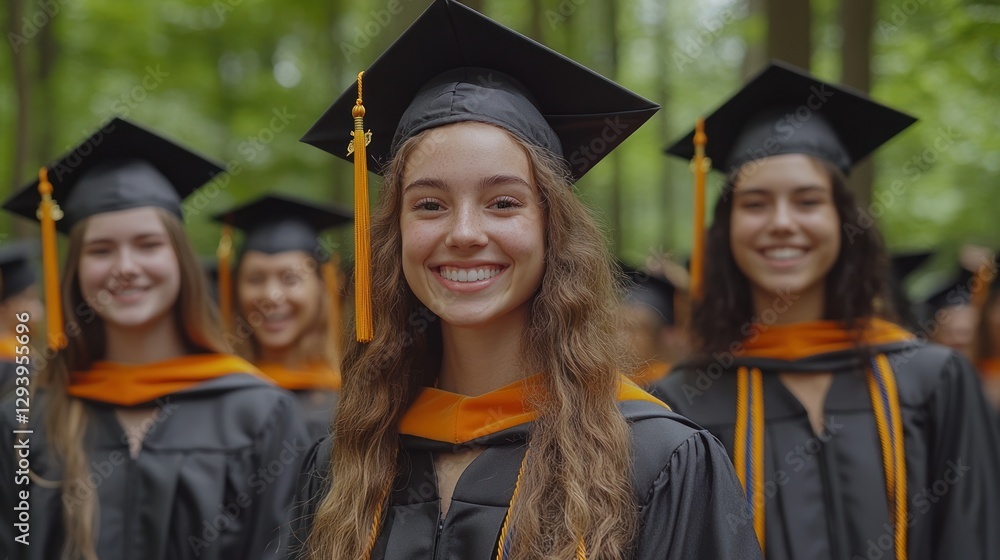 Happy female graduate in cap and gown smiles, surrounded by fellow graduates outdoors. Happy female graduate in cap and gown smiles, surrounded by fellow graduates outdoors.