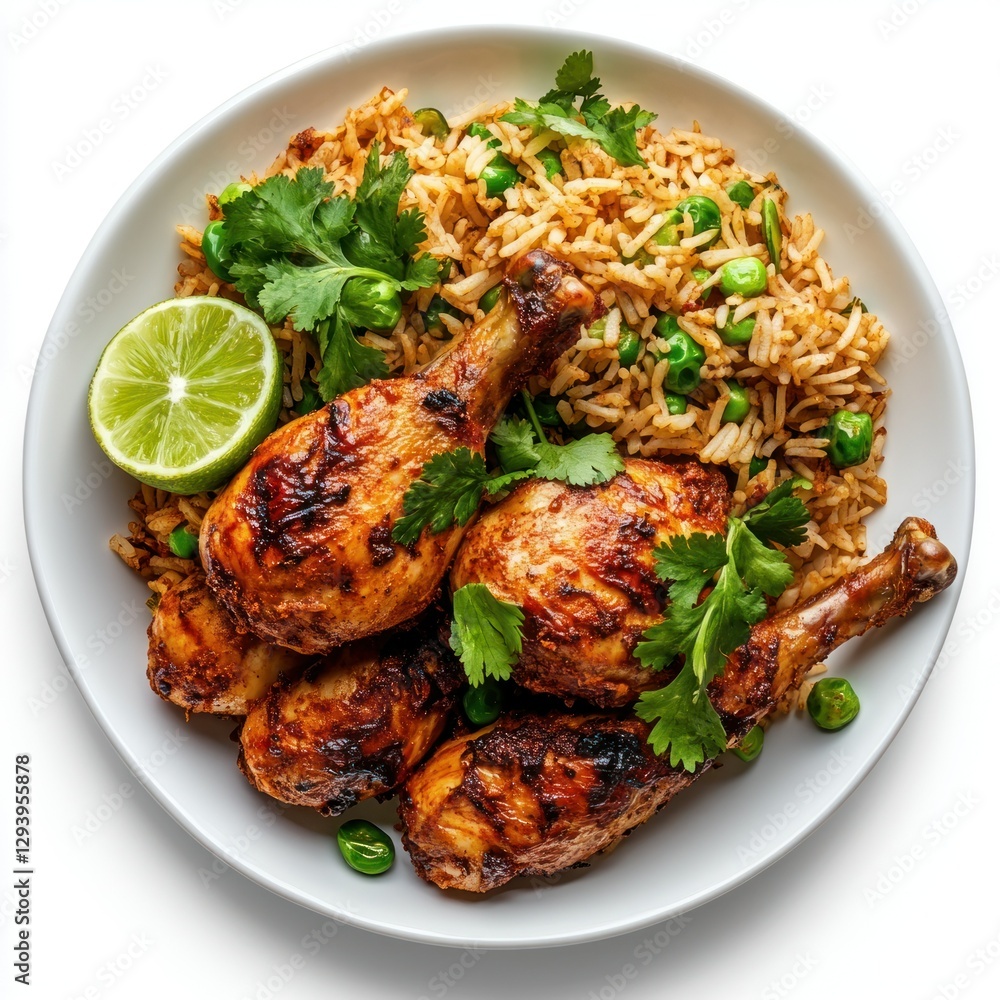 Fototapeta premium Professional image of a plate of chicken mandi with a seamless white background, perfect for branding, packaging, and advertising, featuring fragrant spiced rice and tender roasted chicken.