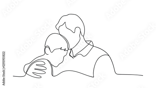 Oneline drawing, father, son, embrace, comfort, love, affection, support, family, bond, tenderness