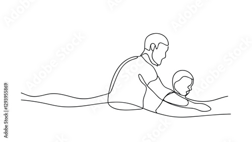 Singleline drawing Father teaching child to swim, water safety