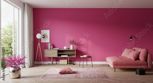 A modern living room with a pink wall, a chaise lounge, wooden sideboard, floor lamp, rug, and plants. Minimalist decor accents a stylish space.