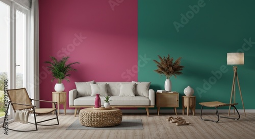 A stylish living room features a beige sofa, rattan chair, coffee table, side tables, and floor lamp against a twotoned pink and teal wall. Plants and decor complete the scene.