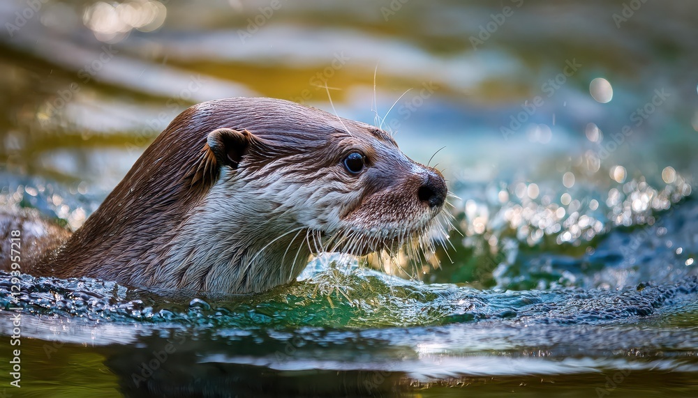 The European Otter Lutra lutra in Action Underwater at Twilight, Diving and Hunting Gracefully with Sleek Fur, Enchanting View of Beneath Watery Depths The European Otter Lutra lutra in Action Underwater at Twilight, Diving and Hunting Gracefully with Sleek Fur, Enchanting View of Beneath Watery Depths