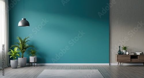 A minimalist room features a teal accent wall, gray floor, potted plants, a pendant lamp, a midcentury modern console table with decor, and a rug.