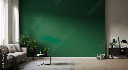 A contemporary living room features a deep green accent wall, beige sofa, coffee table with plants, and a minimalist side cabinet. Natural light streams in.