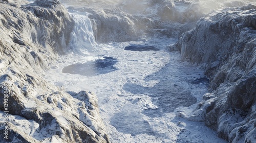 Wallpaper Mural Scenic coastal landscape with dramatic rock formations and foamy water cascading over cliffs in a misty atmosphere Torontodigital.ca