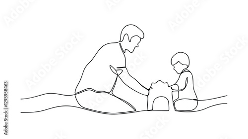 Father and Son Building Sandcastle, OneLine Drawing, Beach Fun
