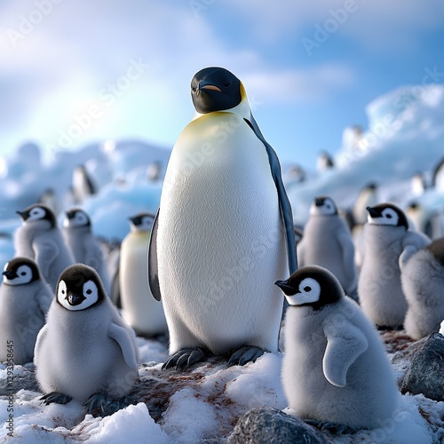 A captivating close-up reveals a penguin with a sleek black beak and vibrant yellow eyes, its gaze directed to the right against striking plumage contrasts photo