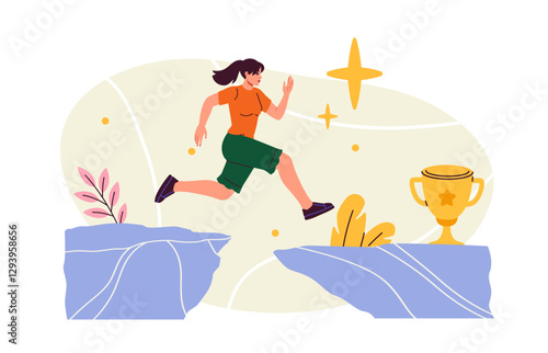Woman jumping over gap to reach trophy, flat graphic style, on white background. Concept of overcoming challenges. Vector illustration
