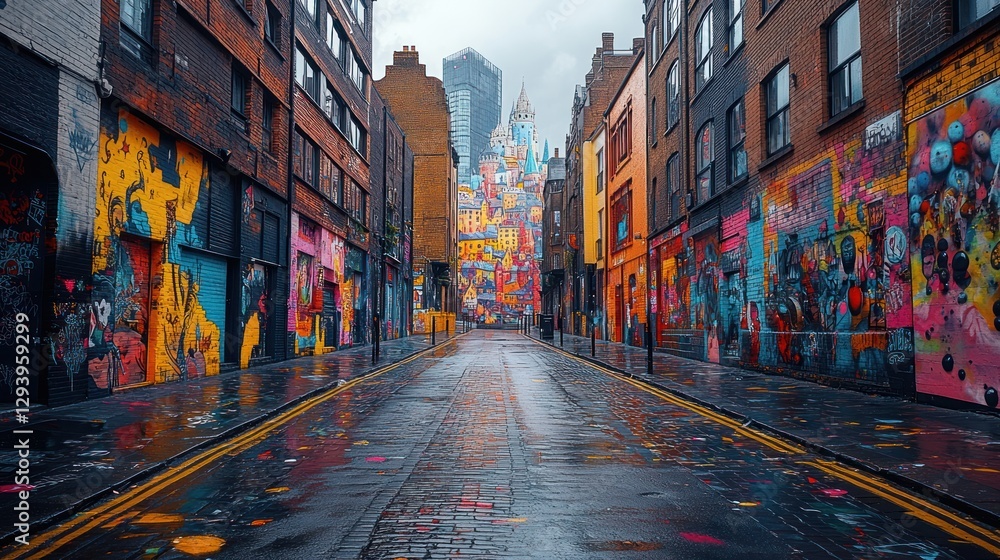 Naklejka premium Colorful graffiti-covered street in London on a rainy day.