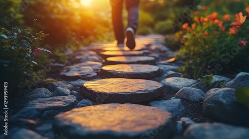Person walking on stone path at sunset.