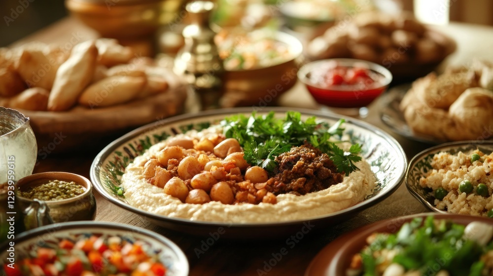 Fototapeta premium A bountiful spread of traditional food dishes arranged beautifully on a wooden table ready to be enjoyed
