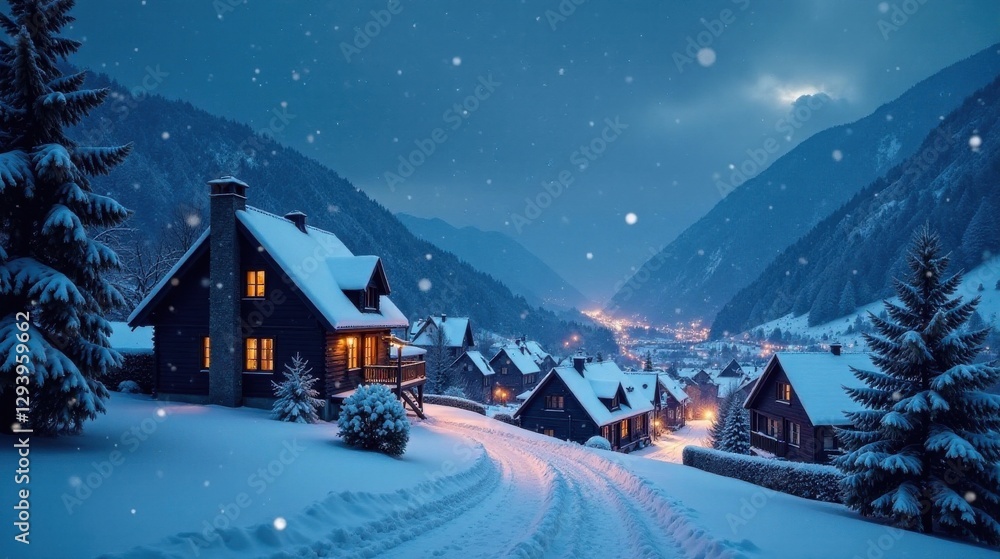 Serene Winter Village nestled in snowy mountain valley, illuminated by warm cabin lights under a tranquil twilight sky. Serene Winter Village nestled in snowy mountain valley, illuminated by warm cabin lights under a tranquil twilight sky.