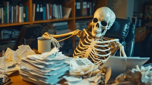 Skeleton waits eternally at desk with coffee
