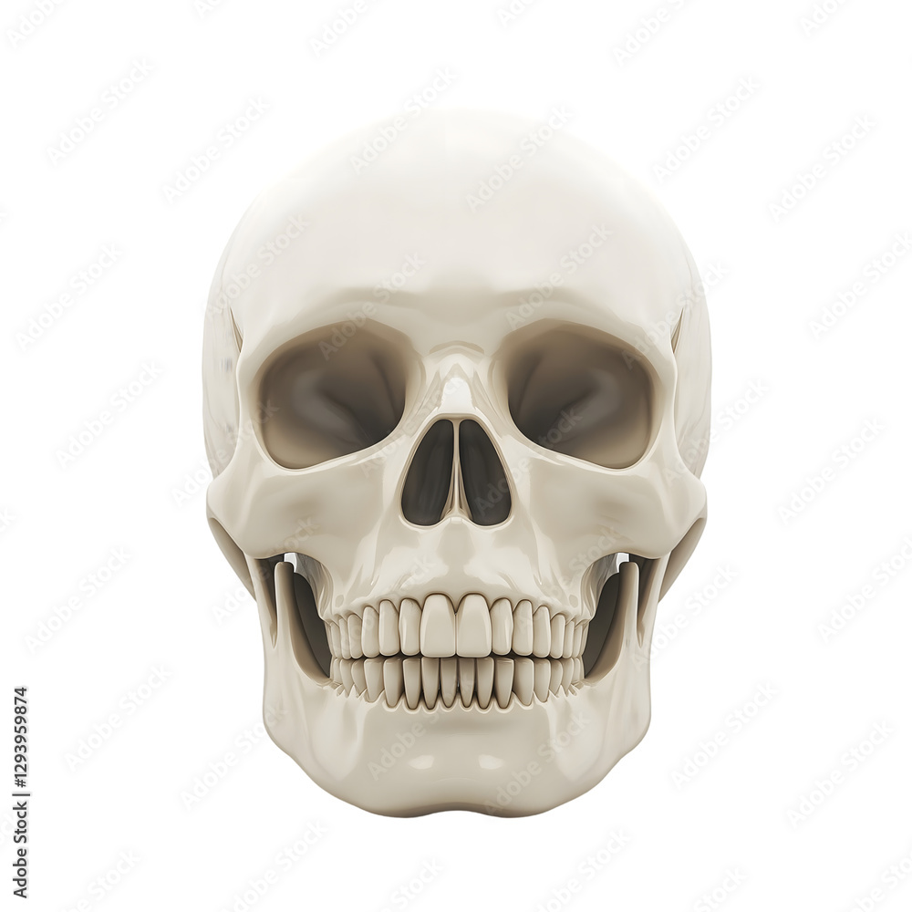 Front view of a detailed human skull with visible features, isolated on transparent background Front view of a detailed human skull with visible features, isolated on transparent background