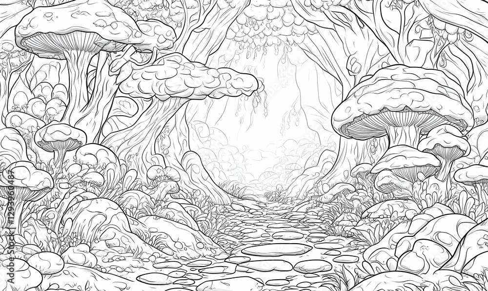 Mushroom Forest Path Whimsical Landscape Line Art Illustration for Coloring Books Mushroom Forest Path Whimsical Landscape Line Art Illustration for Coloring Books