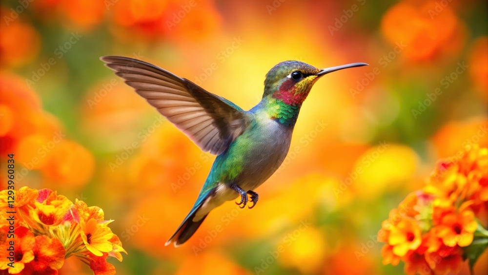 Fototapeta premium Iridescent hummingbird suspended mid-air, its tiny body glowing against a kaleidoscope of vibrant orange and yellow flowers