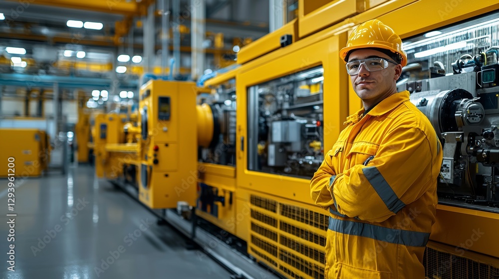 Industrial Worker Standing Confidently in a Factory with Yellow Machinery Industrial Worker Standing Confidently in a Factory with Yellow Machinery