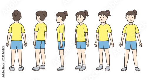 人物の三面図と斜め構図、女性