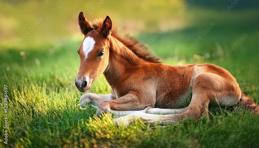 A solitary colt basks in the soft glow of a golden sunset amidst verdant grasslands, showcasing tranquility and serenity in an idyllic rural setting. A solitary colt basks in the soft glow of a golden sunset amidst verdant grasslands, showcasing tranquility and serenity in an idyllic rural setting.