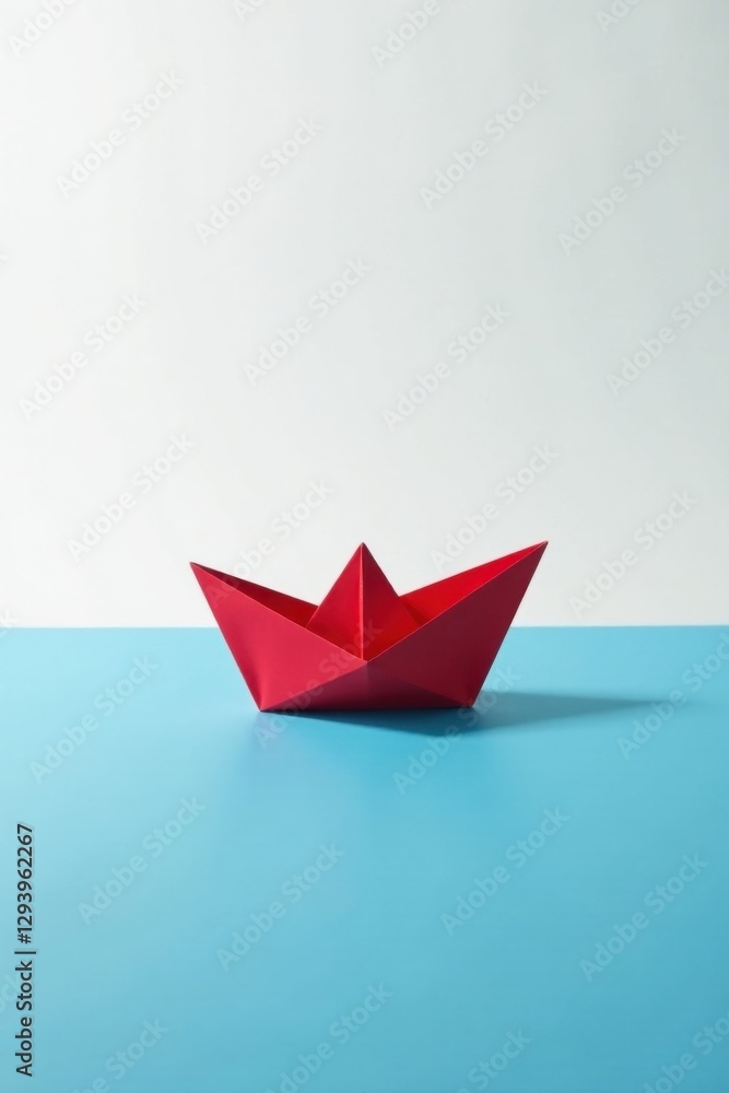 A crimson paper boat floats serenely on a tranquil blue surface, a minimalist study in color and form, suggesting dreams of adventure and exploration. A crimson paper boat floats serenely on a tranquil blue surface, a minimalist study in color and form, suggesting dreams of adventure and exploration.